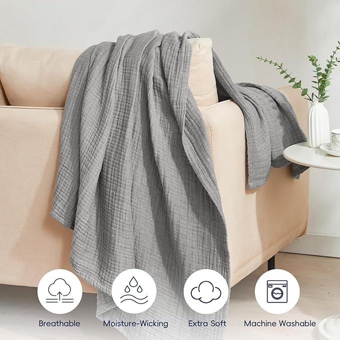 PHF 100% Cotton Muslin Blanket Twin XL Size 66"x90", 4-Layer Lightweight Gauze Throw, Breathable Cloud-Soft Minimalist Blanket for Bed, Couch, Camping & Baby, Grey, Ideal Gift