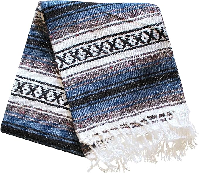 Del Mex Classic Mexican Blanket, Large Authentic Woven Falsa Throw (70"x50"), Artisan Southwest Décor for Beach, Yoga, Outdoors (Navy Blue)