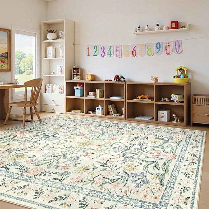 Lahome Sylvie Boho Washable Girls Bedroom 9x12 Rugs, Beige Cream Floral Large Area Rugs for Bedroom, Soft Non-Slip Thin Carpet for Nursery Kids Playroom Dining Room Home, Beige