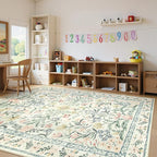 Lahome Sylvie Boho Washable Girls Bedroom 9x12 Rugs, Beige Cream Floral Large Area Rugs for Bedroom, Soft Non-Slip Thin Carpet for Nursery Kids Playroom Dining Room Home, Beige