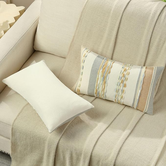 FUTEI Blue Green Khaki Decorative Throw Pillow Covers 12x20 Inch Set of 2, Soft Tufted Striped Textured Accent Pillow Case,Boho Pillows for Couch Decor