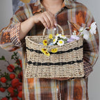 Handmade Seagrass Woven Hanging Basket with Black Cotton Rope - 11.81 x 4.33 x 7.87 Inches - Ideal for Wall Decor & Storage (Half-moon opening)