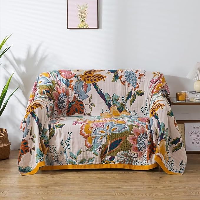 Boho Blanket for Bed 100% Cotton Bohemian Throw Blankets Ultra Soft Woven Muslin Decorative Blankets All Seasons Vintage Quilt Knitted Blanket for Sofa Chair(Beige, 90"x98")