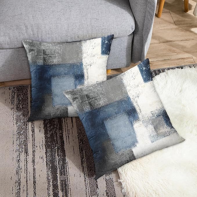 Britimes Throw Pillow Covers Modern Home Art Decor, 16 x 16 Inches Set of 2 Pillow Cases Decorative, Abstract Oil Painting Pillowcases for Bedroom, Living Room, Cushion Couch Sofa, Blue White