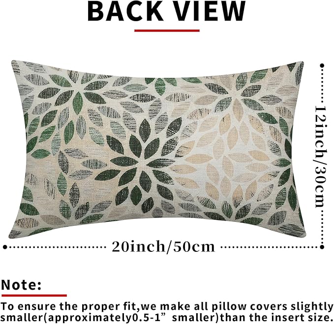 Kawani Green Dahlia Lumbar Pillow Covers 12X20 Inch Rustic Geometric Flower Decorative Pillow Cases Set of 2 Beige Tan Gray Floral Throw Pillows for Cushion Sofa Couch Farmhouse Outdoor