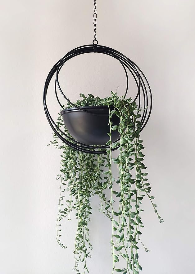 RISEON Boho Metal Plant Hanger,Metal Geometric Hanging Planter, Modern Planter, Mid Century Air Plant Holder Stand, Minimalist Planter for Indoor Outdoor Home Wedding Decor (Black)