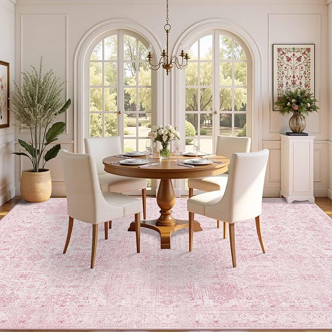 Pink Rug for Living Room Bedroom, 5x7 Area Rugs Washable Vintage Floral Retro Boho Non Slip & Low Pile Nursery Carpet for Indoor Girls Kids Room, Classroom, Dorm, Playroom and Dining Room