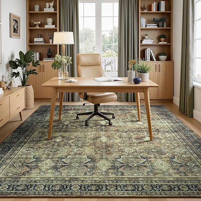 Lessymo 5x7 Washable Area Rug with Non Slip Backing,Soft Boho Indoor Carpets for Living Room Bedroom Nursery, Kid and Pet Friendly, Dark Brow