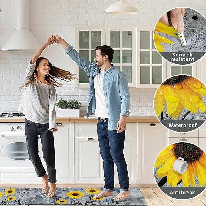 Likiyol Sunflower Kitchen Rugs Sets of 2 Kitchen Mats for Floor Anti Fatigue Mats for Kitchen Floor, Spring Kitchen Rugs Non Slip was Washable, Floral Standing Floor Mats, 18''x30''+18''x48'' (Gray)