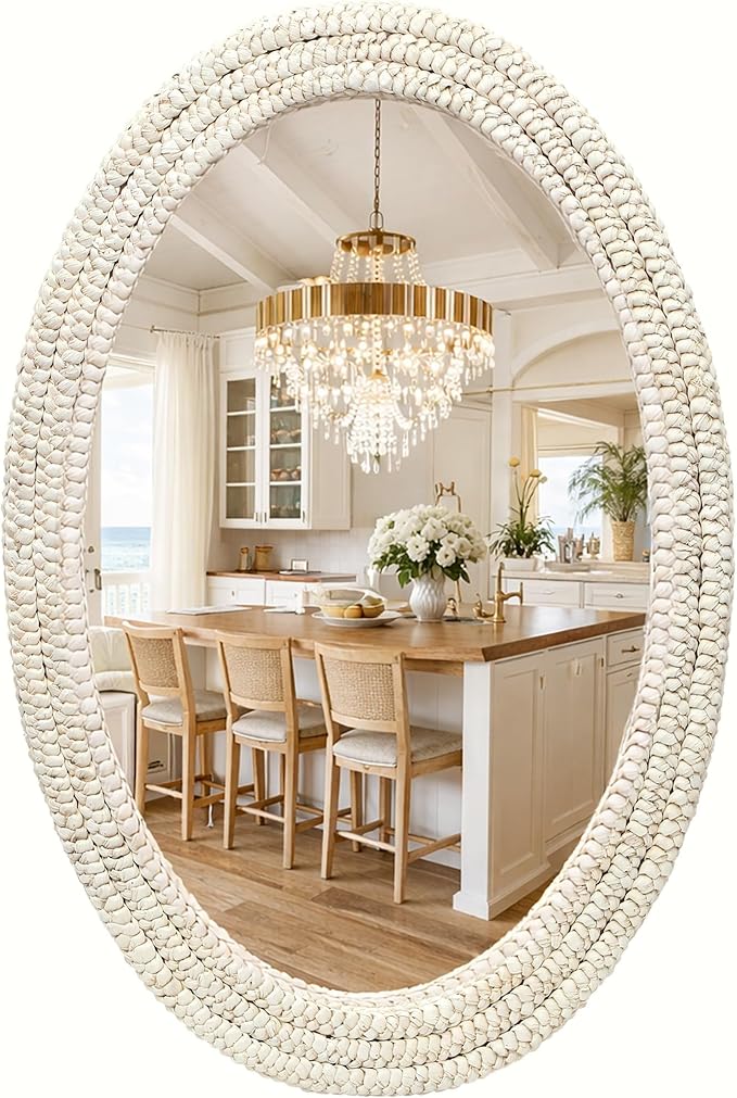 26" x 39" Oval Wall Mirror, Handwoven Natural Corn Husk Fiber with Light Whitewashed Finish, Boho Coastal Style for Entryway, Bedroom, Living Room, Vertical & Horizontal Hanging