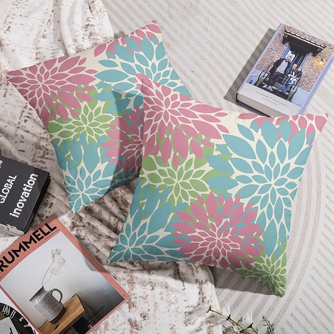 Blue Pink Green Spring Pillow Covers 22X22 Inch Set of 2, Modern Dahlia Floral Print Decorative Throw Pillow Covers Outdoor Farmhouse Cushion Case for Home Couch Sofa Bed Decoration