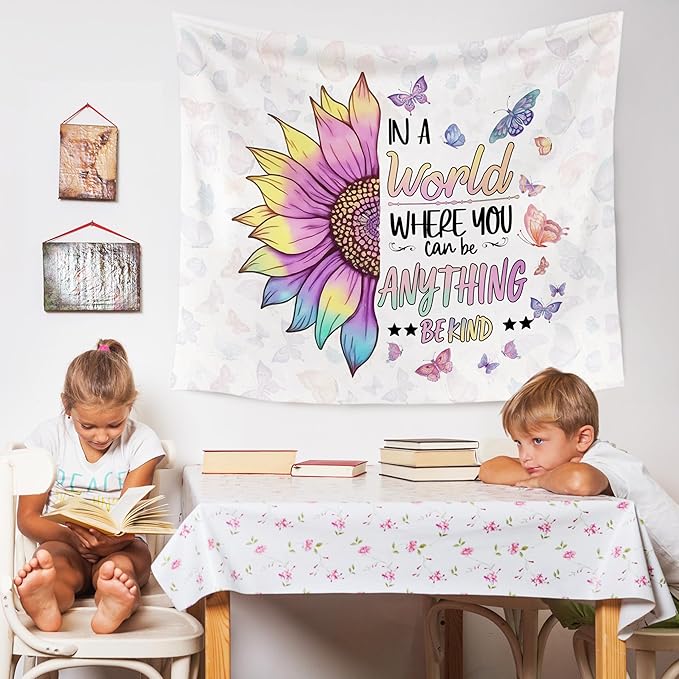 WARDOS Be Kind Sunflower Butterfly Decorations For Kids Tapestry, Inspirational Tapestry Wall Hanging, Be Kind Motivational Wall Blanket Decor for Home Living Room Bedroom Office Classroom, 50x60 Inch