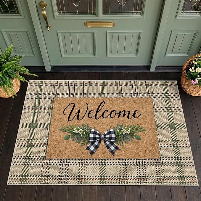 Washable Door Mat Indoor Entrance - Large Entryway Rug 2'3" x 3'7" (27.5" x 43"), Non Slip Sage Plaid Decor for Kitchen, Bathroom, Easy Jute Layering Rug for Front Porch