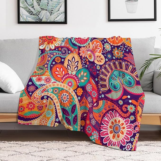 Boho Paisley Floral Throw Blanket Mandala Indian Bohemian Colorful Flowers Blanket for Sofa Bed Couch Chair Or Dorm 50"x60"