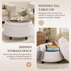 COLAMY Fabric Round Storage Ottoman with Reversible Tray Lid – Multi-Functional Footrest, Hidden Storage, Sturdy & Stylish Small Coffee Table for Living Room, Bedroom, or Entryway(Beige)
