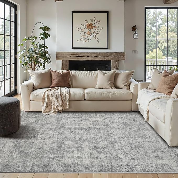 4x6 Area Rugs for Living Room Bedroom, Large Washable Rug, Grey Vintage Abstract Boho Rug, Non Slip & Low Pile Wool Carpet for Indoor Dining Room, Farmhouse, Kids Room and Office(Grey 4x6ft)