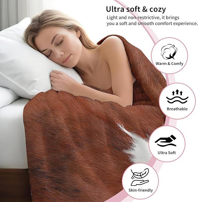 Throw Blanket for Couch, 300GSM Warm Soft Cozy Flannel Blanket, Cute Blanket for All Seasons Bedroom Home Decor Gifts, Brown White Cowhide 50x60 Inches