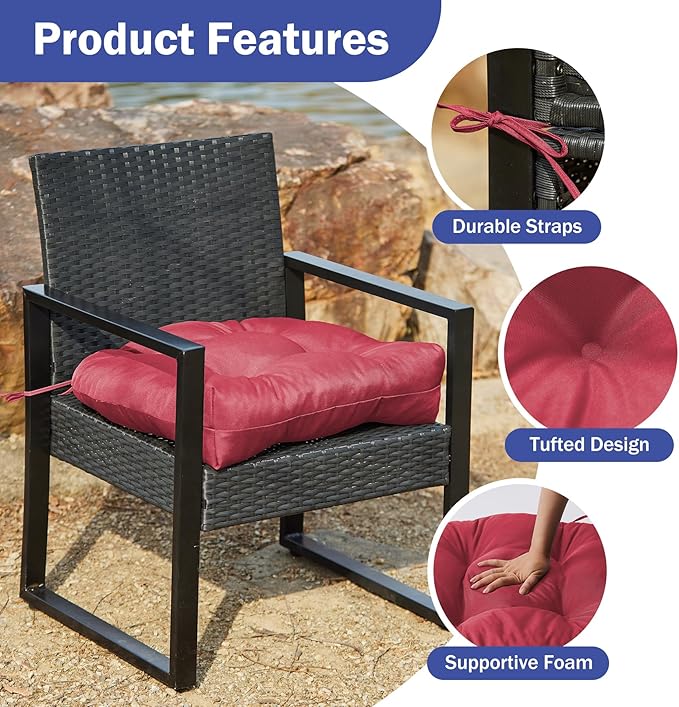 Outdoor Chair Cushions Set of 2, Patio Chair Cushions with Ties, 19x19+5” Tufted Outdoor Seat Cushions, Waterproof Patio Furniture Cushions, Outdoor Dining Chair Pads, Burgundy