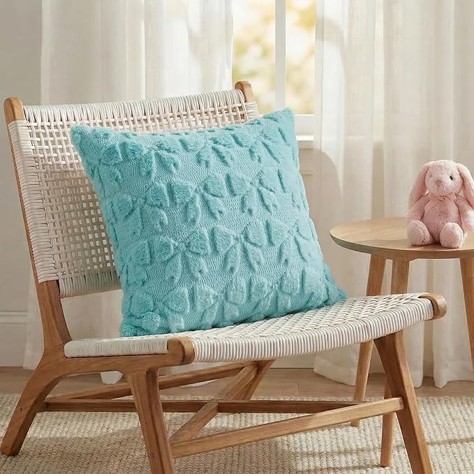 AVOIN colorlife Blue Spring Bow Throw Pillow Covers Set of 2, 18 x 18 Inch Coquette Aesthetic Room Decor Soft Plush Faux Fur Cushion Case for Girls Room