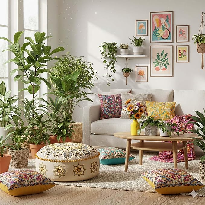 Mandala Life ART Moroccan Floor Pillow Cover Blue Gold Bohemian Décor Pouf Ottoman Latge Round Yoga Floor Cushion Luxury Kids Room Décor Boho Living Room Moroccan Floor Pillow Cotton 24x8 Unstuffed