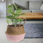 HANABASS Woven Seagrass Flower Basket with Handle 27cm Diameter Foldable Plant Pot Indoor Garden Decor Boho Style Patio Planter