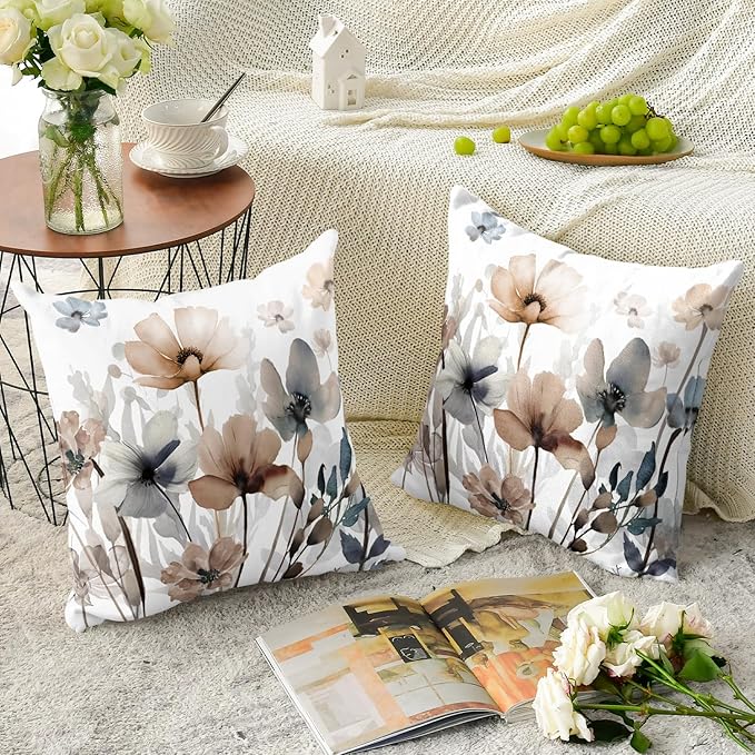 AVOIN colorlife Poppy Flowers Chinoiserie Throw Pillow Covers, 18 x 18 Inch Seasonal Leaves Cushion Case Decoration for Sofa Couch Set of 2