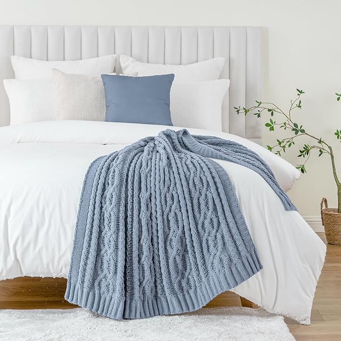 Battilo Bluish Grey Throw Blanket for Couch,51"x67", Super Soft Warm Cozy Chenille Knit Blankets for Bed, Sofa, Chair, Gift, Texture Decorative Boho Blanket for Living Room (Dusty Blue)