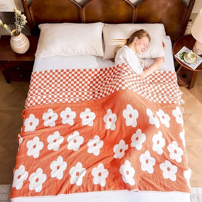 Checkered Throw Blanket, Orange Flower Blanket for Couch, 50"x60" Soft Plaid Knit Blanket for Home Decor, Reversible Checkerered Blankets for Sofa, Chair, Bed