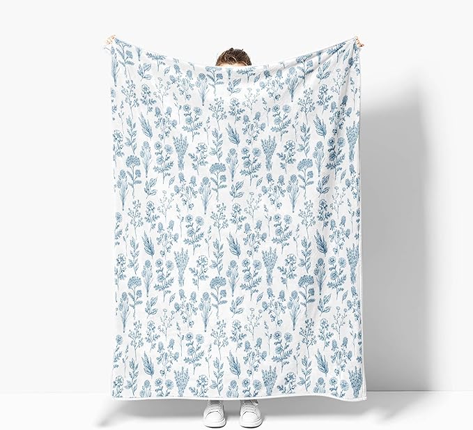 Floral Fuzzy Blanket Boho Floral Throw Blanket, Blue Botanical Flowers Blankets, Soft, Flannel, Warm, Rustic Flowers Bed Blankets All Season for Couch Bedroom Living Room 60X70 Inch