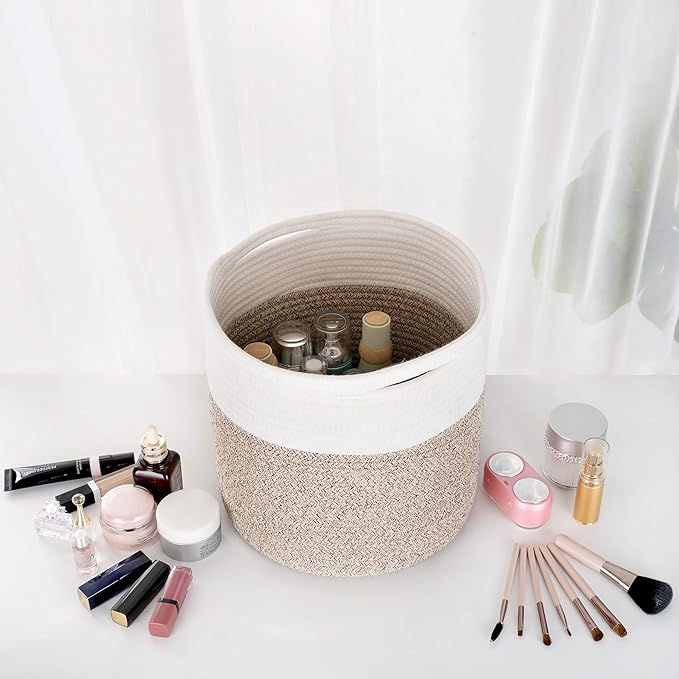 MINTWOOD Design 11 x 11 Inches Cotton Rope Basket for Flower Pot and Indoor Floor Planters, Decorative Round Woven Plant Pot Basket, Planter Covers, Small Dog Toy Storage Baskets, Light Brown