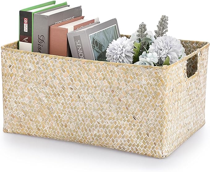 Hipiwe Wicker Shelf Baskets Seagrass Storage Opened Baskets Bin Built-in Handles Rectangular Closet Bedroom Organizer Box Multipurpose Woven Basket Home Organizer,Whitewash,14.6"x 10.6" x 7"
