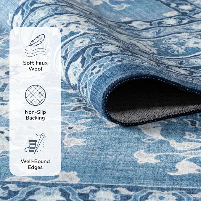 Lessymo 5x7 Area Rugs for Living Room, Machine Washable Non Slip Rug, Soft Low Pile Carpet for Bedroom Dining Home Office, Vintage Blue/White Distressed Floral Floor Mat