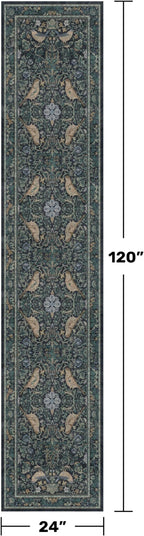 Washable 2x10 Extra Long Runner Rugs for Hallyway - Blue and Green Low Plie Indoor Rugs for Entryway, Floral Non Skid Waterproof Kitchen Floor Mats, Nature Leaf & Bird Décor