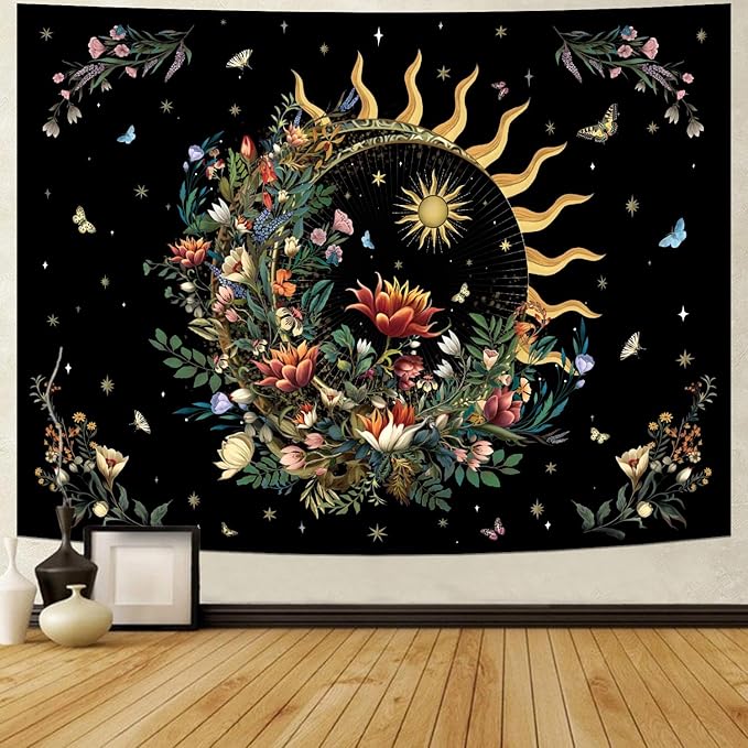 Racunbula Floral Plants Tapestry Sun and Moon Tapestry Retro Botanical Flowers Butterfly Tapestries Black Starry Sky Wall Decor Vintage Boho Aesthetic Tapestries Wall Hanging for Bedroom