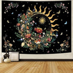 Racunbula Floral Plants Tapestry Sun and Moon Tapestry Retro Botanical Flowers Butterfly Tapestries Black Starry Sky Wall Decor Vintage Boho Aesthetic Tapestries Wall Hanging for Bedroom