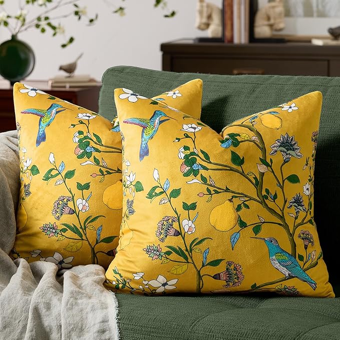 Mustard Yellow Floral Pillow Covers 18x18 Set of 2, Velvet Wild Flower Plant Throw Pillows Case, Square Farmhouse Decor Cushion Covers for Home Sofa Bed Couch