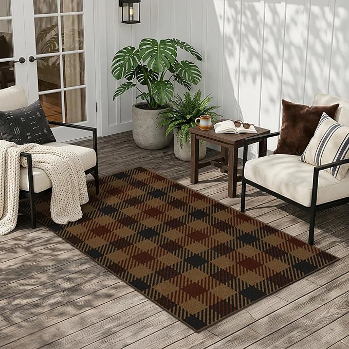 JTJ Vintage Large Door Mat Indoor Entrance - 3x4 Easy Jute Fall Rugs Outdoor for Patio, Balcony, Kitchen, Mudroom, Washable Earthy Brown and Red Checkered Elegence Décor