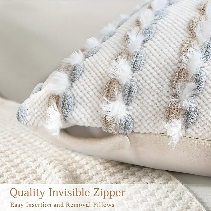 18x18 Boho Pillow Cover-Chenille Tufted Decorative Throw Pillow Cover Soft Velvet Backing, Farmhouse Square Accent Pillowcase for Sofa, Couch, Bedroom, Living Room, White-Grey, Brown Stripe