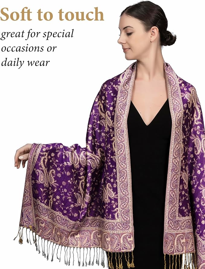 Achillea Reversible Paisley Pashmina Rave Scarf – Exotic Indian Shawls and Wraps for Evening Dresses, Festivals, All Seasons