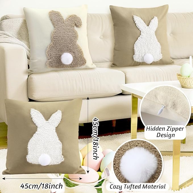 Tufting Easter Pillow Covers 18" x 18" Set of 2 Bunny Pillow Covers 3D Tufted Bunny Rabbit Throw Pillowcase Easter Decorative for Bedroom Sofa Home Decor(Beige,Linen)