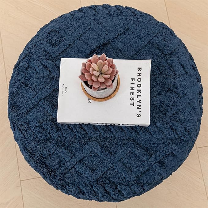 Unstuffed Pouf Ottoman Cover Handmade Footstool Ottoman Storage Solution Floor Pouf Footrest Cushion 20Diameter x12Height Inches for Living Room Wedding Bedroom Navy Blue No Filler