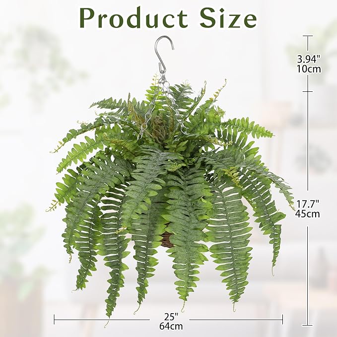 Hollyone 25" Artificial Boston Fern Hanging Basket 31 Leaves Fake Ferns in Rattan Pot Medium Greenery Plants for Outdoors & Indoor Faux Fern Bush Basket Plant Patio Garden Home Decor Dusty Green