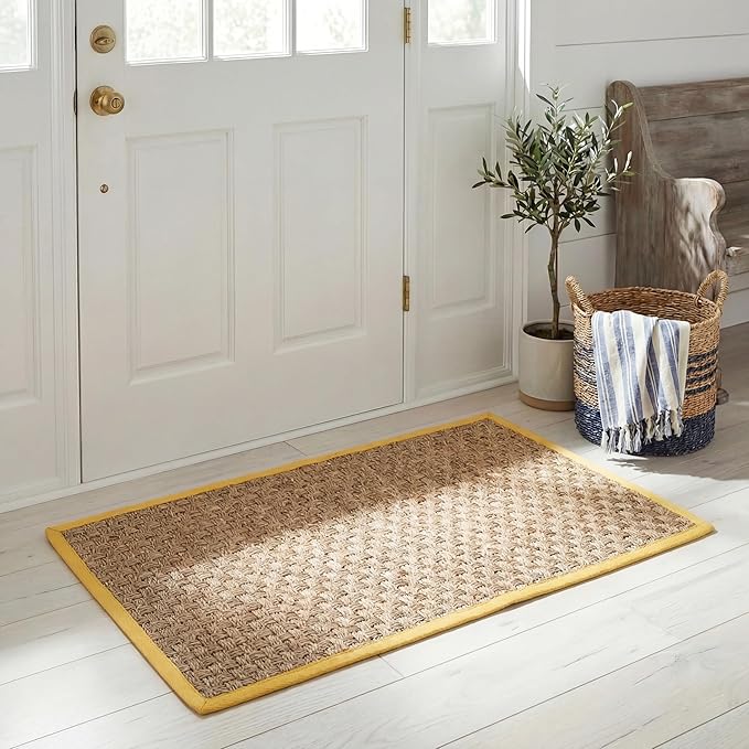 SAFAVIEH Area Rug 2x3 - Natural Fiber Collection - Natural & Gold, Seagrass, Basketweave Pattern with Border (NF114X)