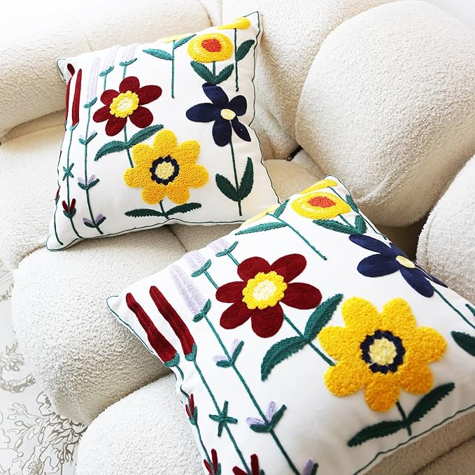 Embroidered Throw Pillow Cover Boho Floral Pillow Covers for Couch Sofa Botanical Leaves Cotton Linen Bohemian Pillow Covers 3D Big Flowers Multicolor 2PCS Pillowcase Covers 18x18 Inch