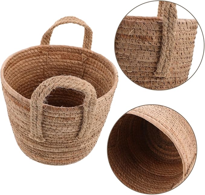 1Pcs Woven Seagrass Plant Basket with Handles Natural Round Storage Basket for Indoor Plants Versatile Home Decor Rattan Flower Pot Nordic Design