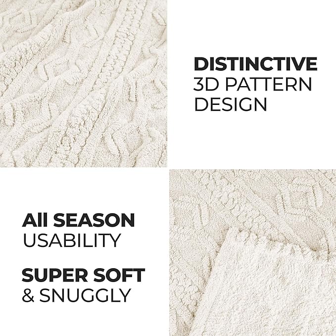 Superior Fleece Boho Jacquard Blanket, Decorative Blankets for Bedroom, Sofa, Fuzzy, Plush, Fluffy, Soft, Cute Room Decor, Beautiful Cover, Comfort Essentials, Arctic Collection, Throw XL, Ivory