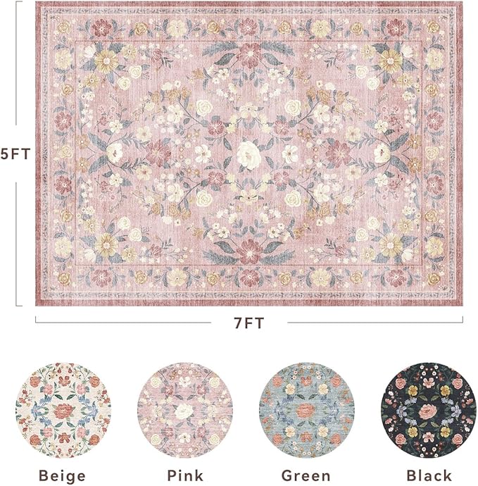 AMOAMI Vintage Floral 5x7 Area Rugs for Living Room Rug, Machine Washable Rug Non Slip Large Area Rug for Bedroom Indoor Low Pile Carpet Ultra Soft Boho Rugs for Dining Room Playroom Office, Pink