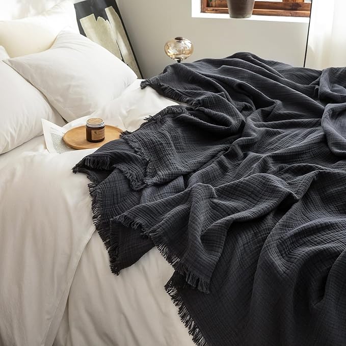 FOSSA Muslin Blanket with Fringe - 4-Layer 100% Cotton Gauze Super Soft & Breathable Throw -Lightweight Decorative Cooling Blanket for Bed, Sofa, Office -Twin XL Size 90" × 66" (Dark Gray)