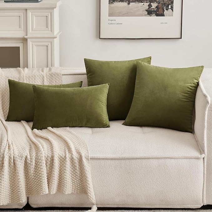 MIULEE Velvet Throw Pillow Covers 16x16 Inch, Pack of 2 - Light Olive Green, Soft Solid Decorative Pillow Covers Cushion Cases Modern Luxury Home Decor for Spring Couch Sofa Bedroom Livingroom