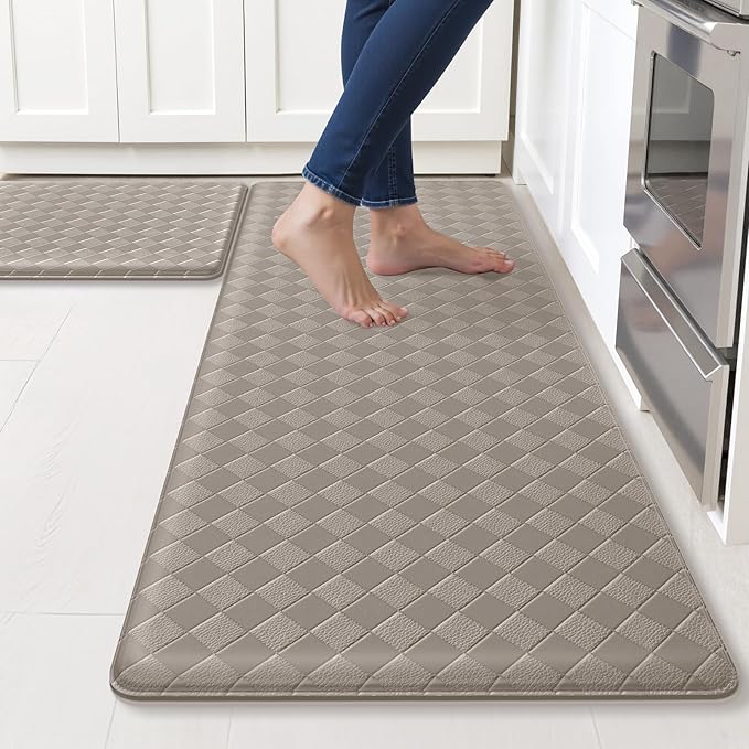 Kitchen Mats, 2PCS Kitchen Rugs, Cushioned Anti Fatigue Kitchen Mats for Floor, Non-Slip Standing Sink Mat, Waterproof Kitchen Rug Set for Kitchen Floor Office,17.3"×30"+17.3"×47" Brown